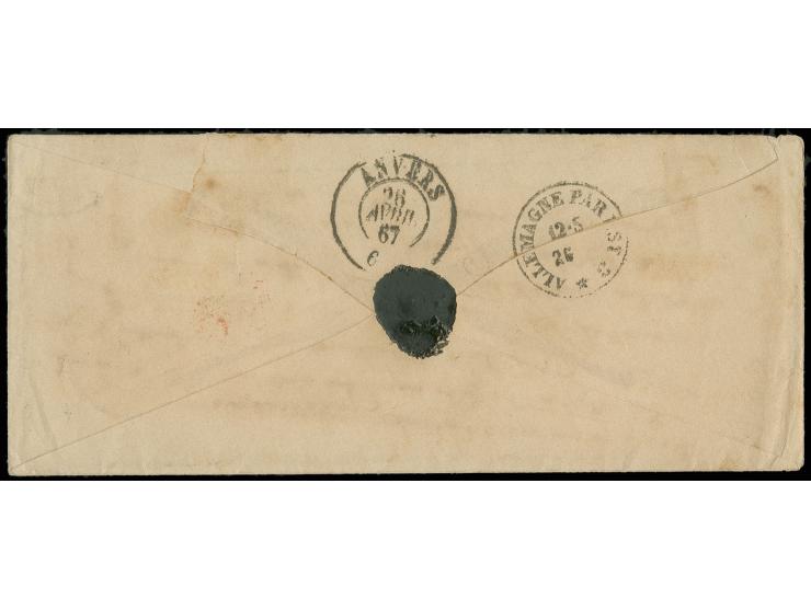 4 Sch. braunocker mit EKr. von Kiel auf kleinem Kuvert nach Antwerpen mit rückseitigem Ankunftsstempel, Marke mit minimalen K
