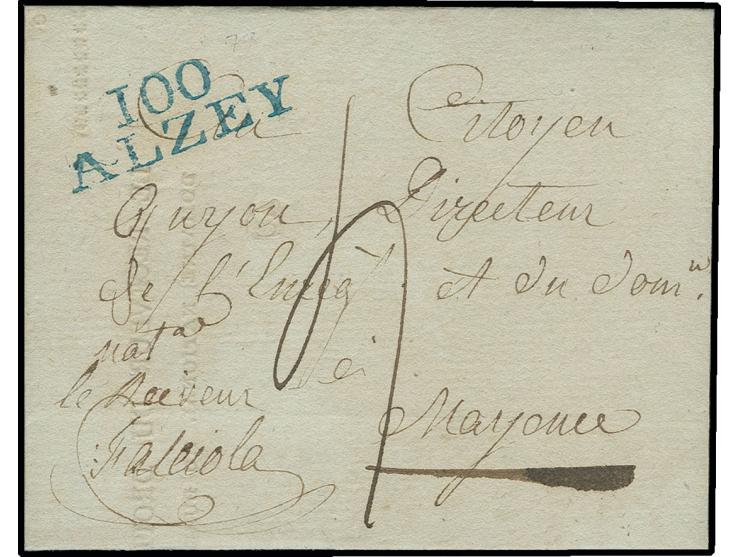 1797, "100 / ALZEY", klarer blauer L2 auf Faltbrief (16.2.1797) nach Mainz, aktenfrische Erhaltung