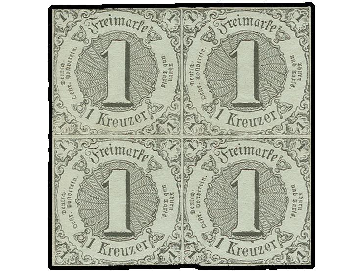1852/58, 1 Kr. auf olivgrau im 4er-Block, an zwei Stellen leicht berührt, sonst vollrandig und farbfrisch, ungebraucht mit Or