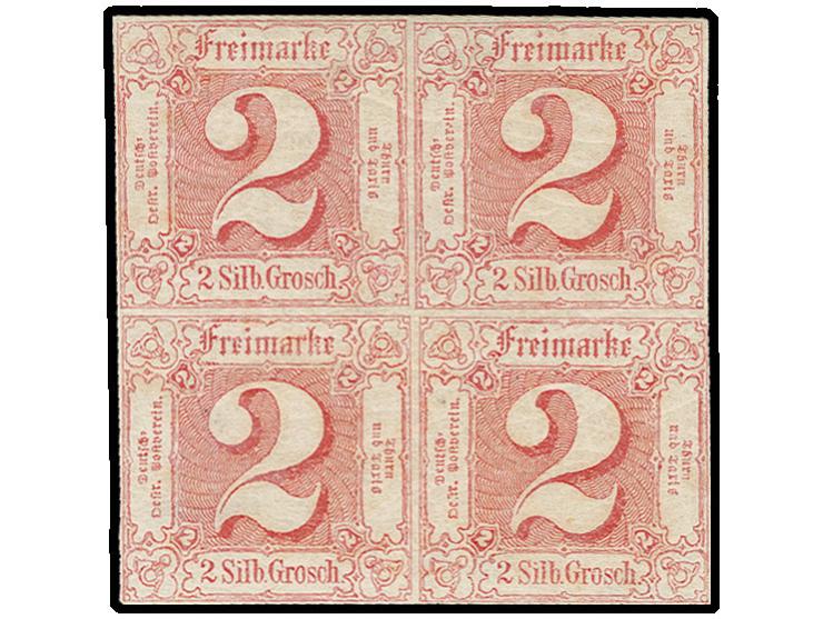 1859, 2 Sgr. dunkelrosarot im 4er-Block, allseits vollrandig und farbfrisch, ungebraucht mit Originalgummi, an einer Stelle g