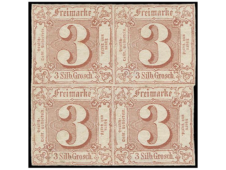 3 Sgr. braunrot, farbfrischer und allseits voll- bis breitrandiger Viererblock, sauber ungebraucht, die beiden unteren Marken