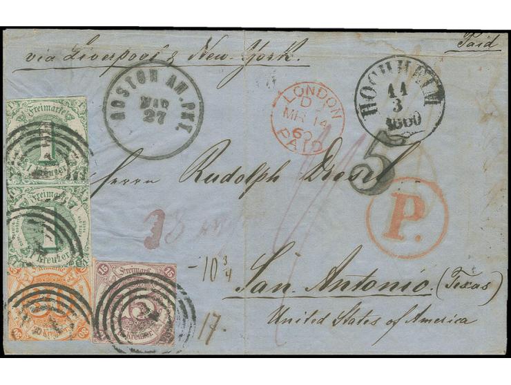 15 Kr. braunpurpur und 30 Kr. orange mit 1 Kr. grün im senkrechten Paar, alle in gutem Taxis-Schnitt, mit etwas unsauberer Nr