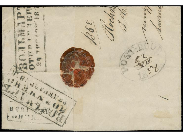 10 kop., tied by triangular dotted numeral "405" of Roop, Lifland, to outer letter sheet, sent to Volmar with prephilatelic m