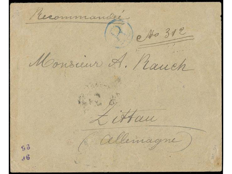 1884/90, definitives 10 kop. red & green and 2 kop. green (blocks of four and six), tied by blue "ROPiT Saloniki"  to reverse