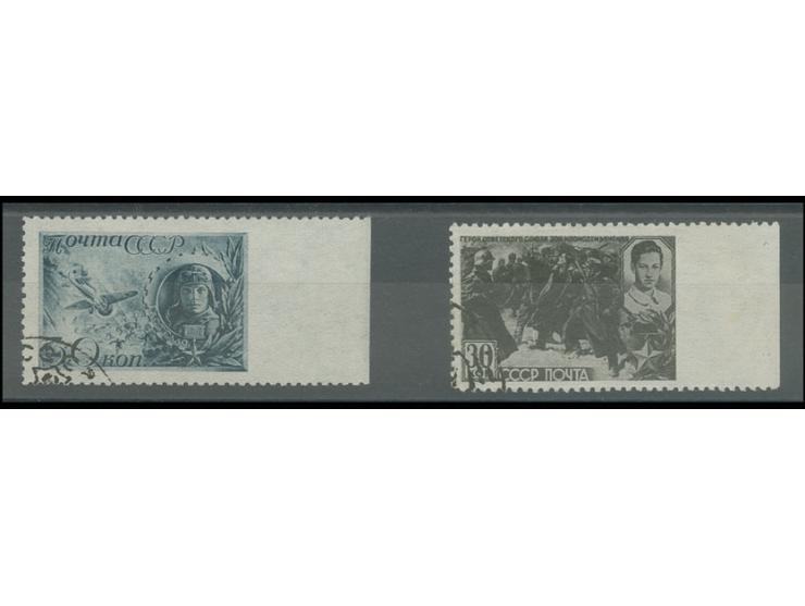 1942, Heroes of the Great Patriotic War 30 kop. grey-blue  and 30 kop. brown-black, both from the right sheet margin, imperfo