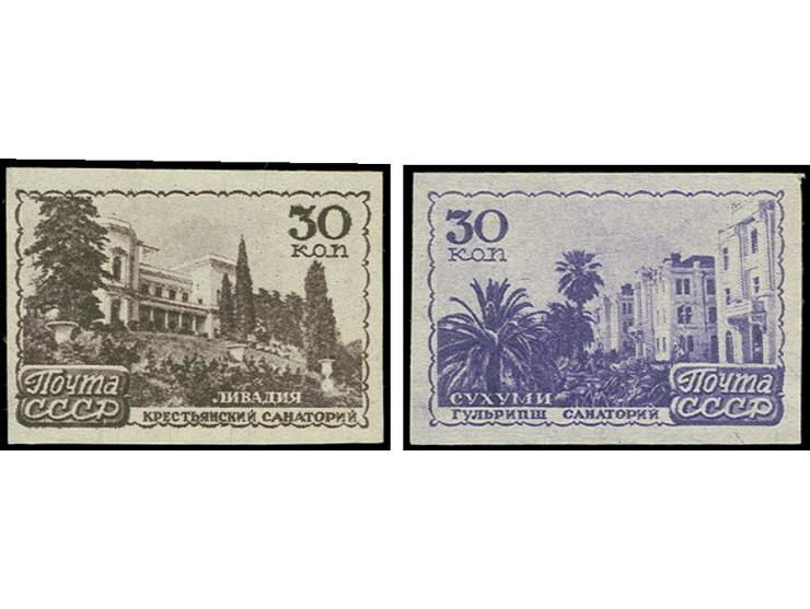 Resorts of the USSR 30 kop. Sukhumi and 30 kop. Riga, imperforated proofs, signed Mikulski
