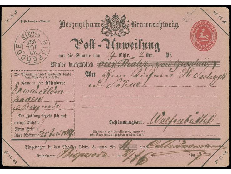 "BISPERODE NACHTS / 27 JUL 1867", DKr. in schwarz glasklar auf Postanweisung nach Wolfenbüttel mit Durchgangs- und Ankunftsst