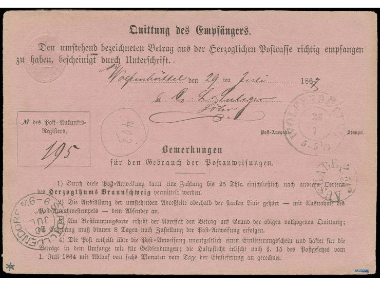 "BISPERODE NACHTS / 27 JUL 1867", DKr. in schwarz glasklar auf Postanweisung nach Wolfenbüttel mit Durchgangs- und Ankunftsst