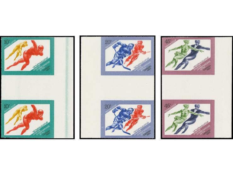 Sarajevo Winter Olympic Games 10-45 kop., each as vertical gutter pairs with left or right sheet margin, imperforated, unhing