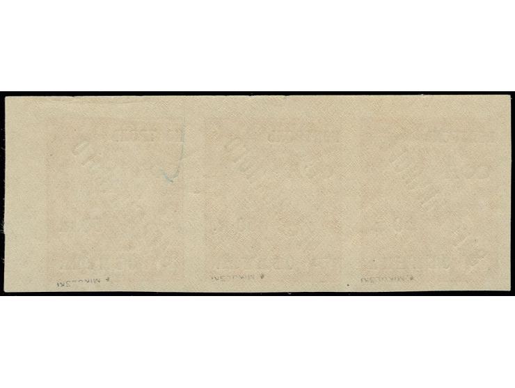 1928, Exchange fee stamp 50 kop. on 1000 roubles carmine, imperforated horizontal strip of three, unhinged mint, signed Mikul