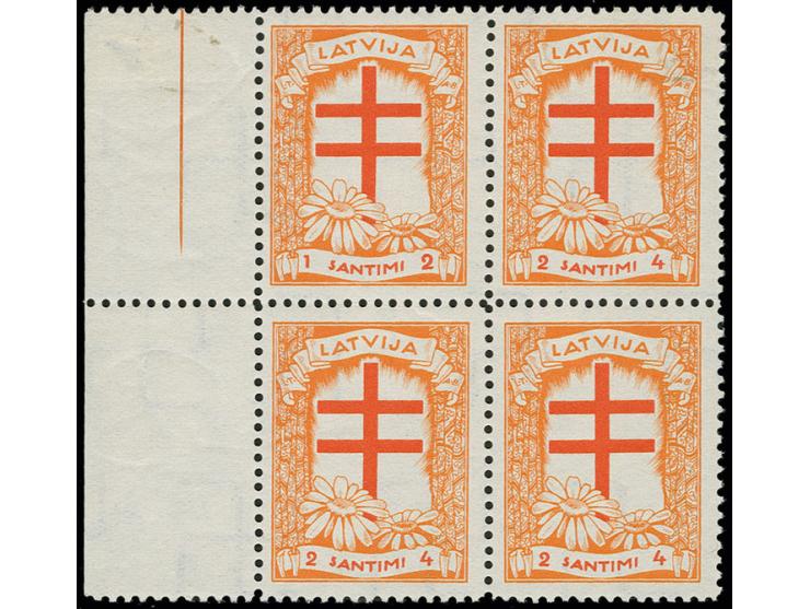 1930, Tuberculosis 2 s. orange & brickstone-red,  block of four from left sheet margin showing in the top left stamp the vari