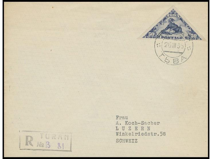 1935, Animals definitive, 50 kop. black-blue tied by cds "Tuva 26.3"  to cover to Luzern, Switzerland