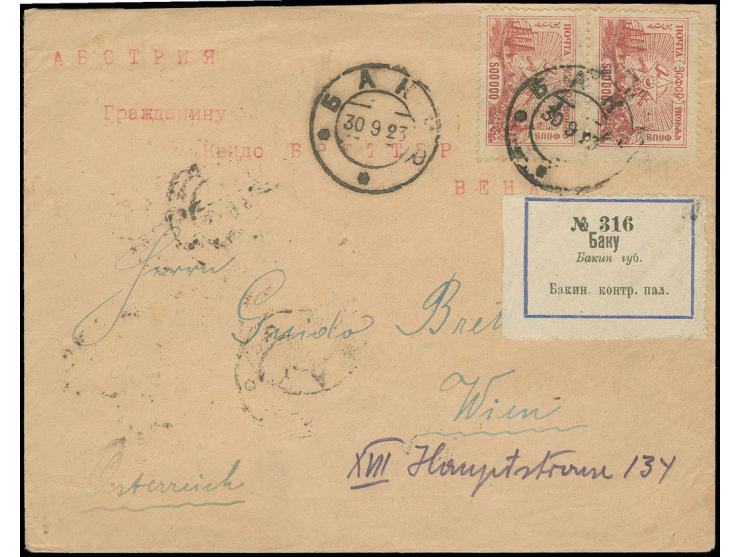 1923, definitive issue 500'000 rouble carmine (3), tied by cds. "Baku 30.9.23" to front and reverse of registered cover to Vi