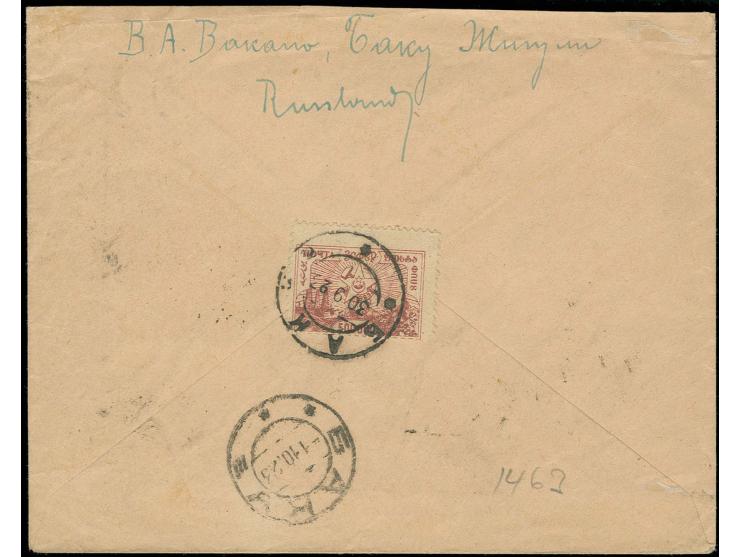 1923, definitive issue 500'000 rouble carmine (3), tied by cds. "Baku 30.9.23" to front and reverse of registered cover to Vi
