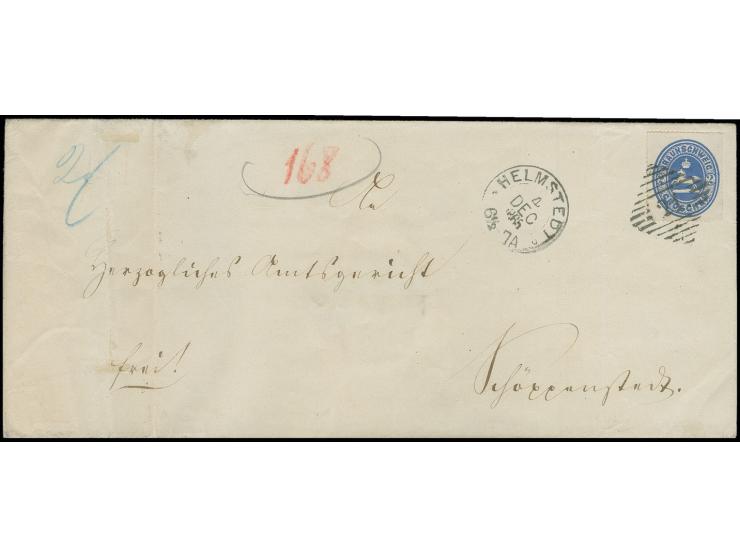 "21" HELMSTEDT, sehr klar auf Wappen 2 Groschen blau auf großformatiger Briefhülle mit nebengesetztem schwarzen DKr. "HELMSTE