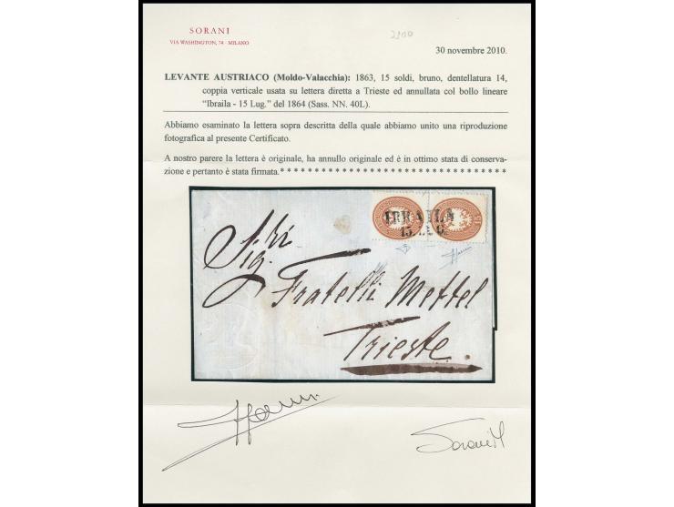 15 So. braun, senkrechtes Paar, mit L2 "IBRAILA 15 LUG" (1864) auf Brief nach Triest mit Transitstempel von Pesth und Ankunft