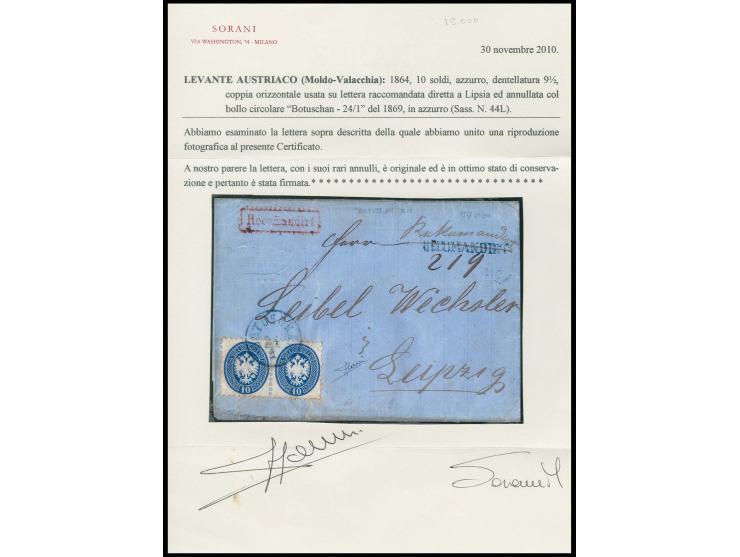"BOTUSCHAN 23/1" (1869), blauer EKr. auf 10 So. blau (Paar) auf R-Brief nach Leipzig mit blauem L1 "RECOMANDIRT" und rotem sä