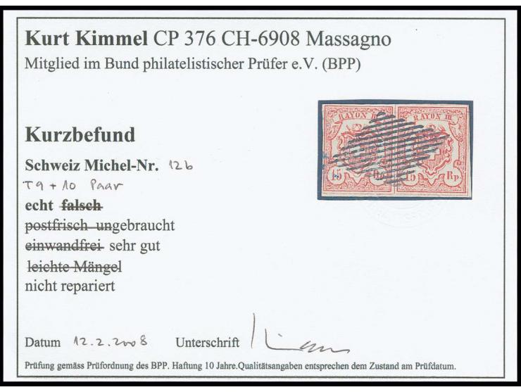 1852, Rayon III 15 Rp. dunkelzinnoberrot, allseits gut gerandetes waagerechtes Paar mit schwarzer Raute, Kabinett, Befund Kim