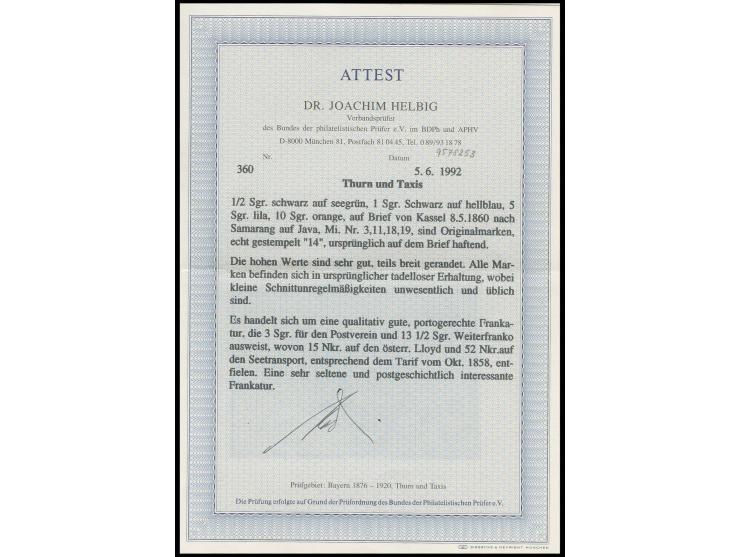 NIEDERLÄNDISCH INDIEN: 1859/61, 5 Silbergroschen braunpurpur und 10 Silbergroschen orange in Mischfrankatur mit 1852/58, ½ Si