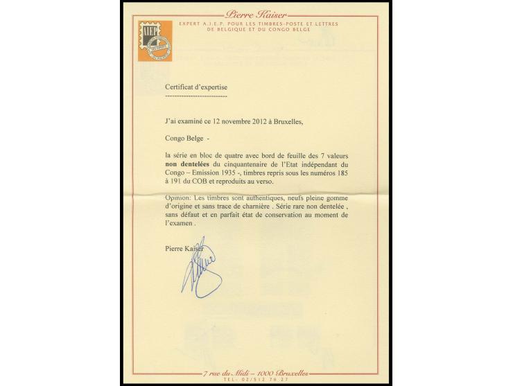 1935, 50th anniversary 50 c.- 5 fr. imperforated in marginal blocks of four, unmounted mint, fine and rare, certificate Kaise