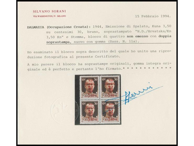 OCCUPATION DALMATIA: SPALATO: 1944, unissued 3.50 k. on 30 c. brown, block of four with double overprint, mint never hinged, 