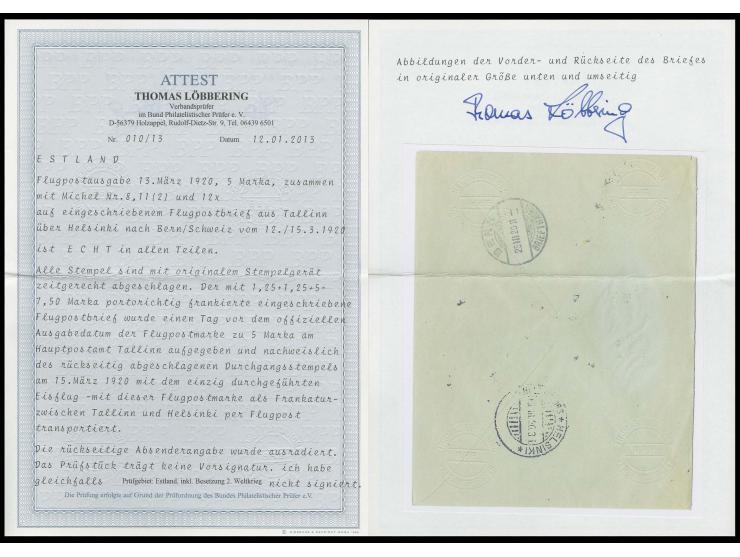 1920, Airmail double decker 5 m. with additional franking, tied by cds. "TALLIN 12.3.20" to registered ice flight cover via H