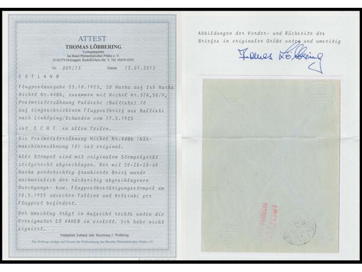 20 m. with postmaster perforation "Paldiski" with additional franking, tied by cds. "BALTISKI 17.V.25" to registered cover to