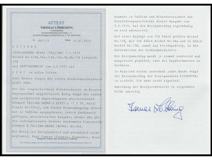 3.50 and 1 r. imperforated with additional franking, tied by cds "TALLINN-SADAM -7 5 19" to registered first day cover, cover