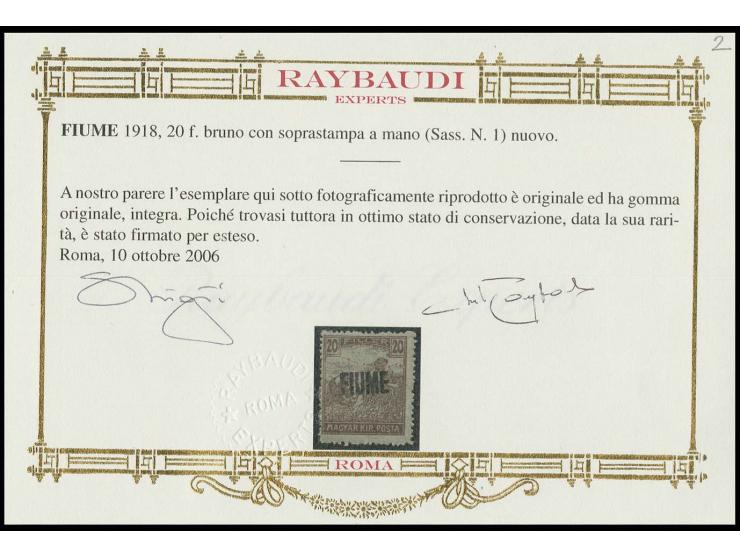 1918, 20 f. brown with handstamp, mint never hinged, very fine and scarce, signed Raybaudi with certificate (Sassone Nr. 1)