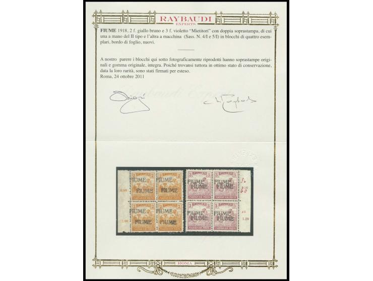 Reaper 2 and 3 f. each as block of four with machine and handstamp overprint (type II), with left resp. righ sheet margin, mi
