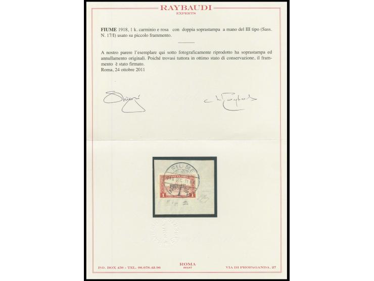Parliament 1 k. with double handstamp (type III), tied by cds. "FIUME" to small piece, fine, signed Raybaudi with certificate