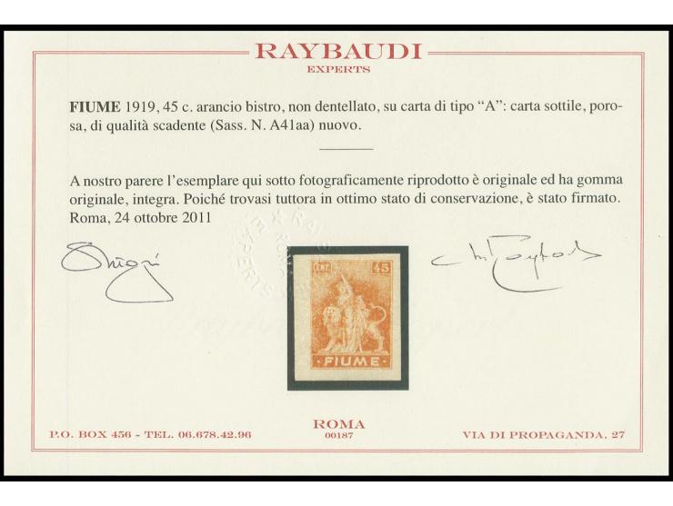 Garibaldi monument 45 c., imperforated, mint never hinged, very fine, signed Raybaudi with certificate (Sassone Nr. A41aa)