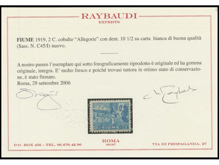 Cruiser arrival 2 cor. cobalt on white paper (April 1919), perforated 10½, mint never hinged, very fine, signed Raybaudi with