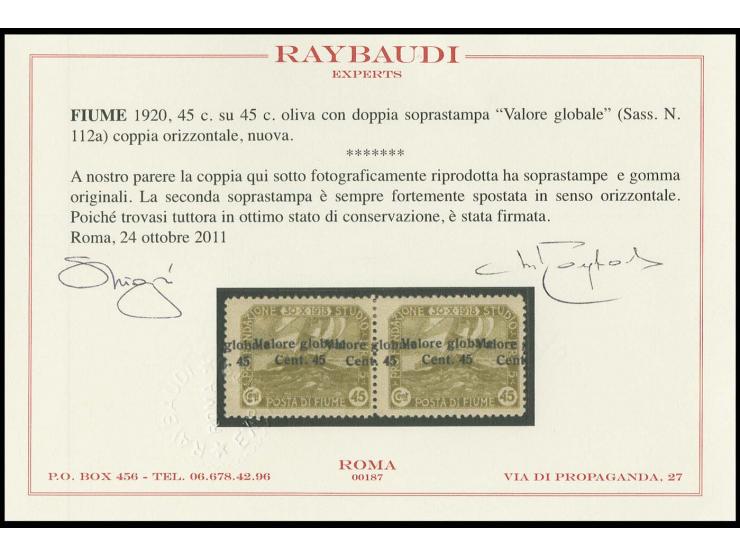 45 c. on 45 c., horizontal pair with shifted double overprint, unused, very fine, signed Raybaudi with certificate (Sassone N