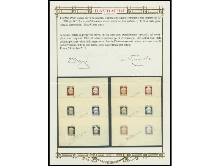 d'Annunzio 25 c., 12 different proofs on gummed paper (160x90mm) showing two stamps, the left stamp with cream coloured backg