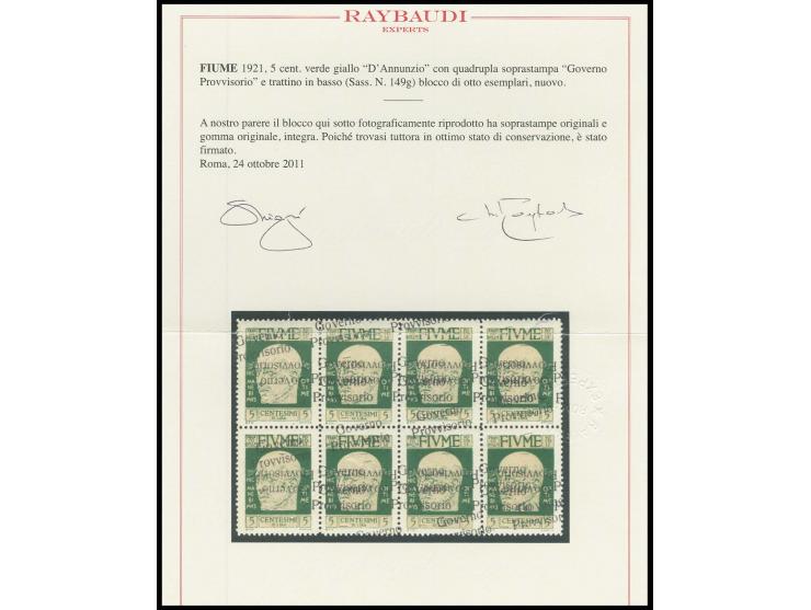 1921, d'Annunzio 5 c. as block of eight with quadruple overprint, one inverted, very fine and attractive, signed Raybaudi wit