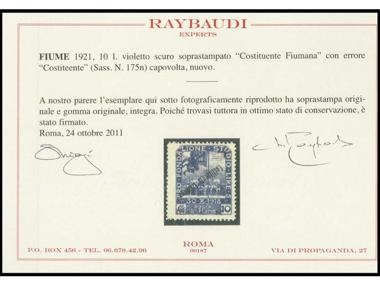 L on 10 cor. with inverted overprint with variety "Costiteente", mint never hinged, fine, signed Raybaudi with certificate (S