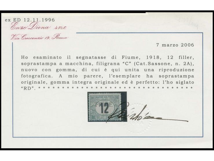 POSTAGE DUE STAMPS: 1918, 12 f. with watermark "patriarch cross" and machine overprint, mint never hinged, very fine, signed 