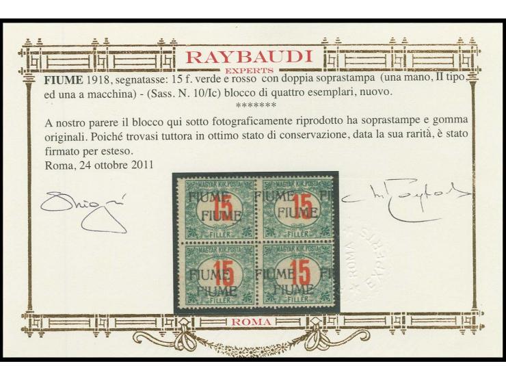 15 f. with double overprint, one machine overprint, one handstamped with type II, unused, very fine, signed Raybaudi with cer