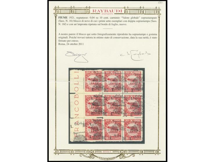 1921, overprint issue 0.04 l. on 10 c., block of nine with left sheet margin, the upper two rows and the lower left stamp wit