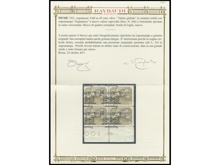 0.60 on 45 c., block of four from the lower sheet margin, with shifted and inverted overprint, upper stamps mint never hinged