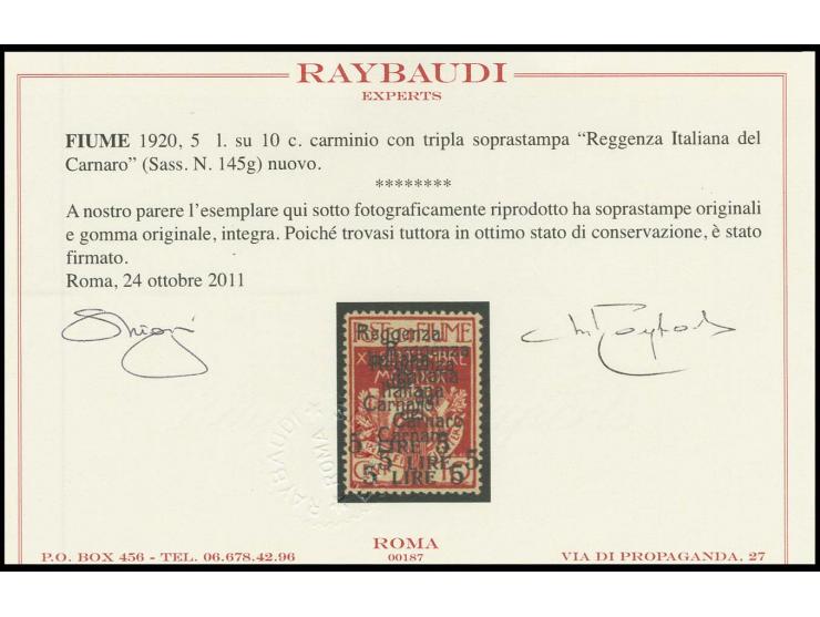 5 l. on 10 c. with triple overprint, mint never hinged, very fine, signed Raybaudi with certificate (Sassone Nr. 145g)
