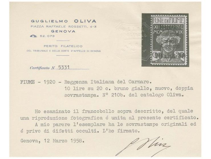 10 l. on 20 c. with double overprint, unused, very fine,, signed Oliva with certificate (Sassone Nr. 146c)