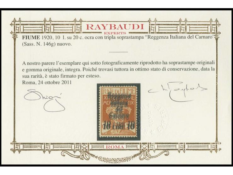 10 l. on 20 c. with triple overprint, mint never hinged, very fine, signed Raybaudi with certificate (Sassone Nr. 146g)