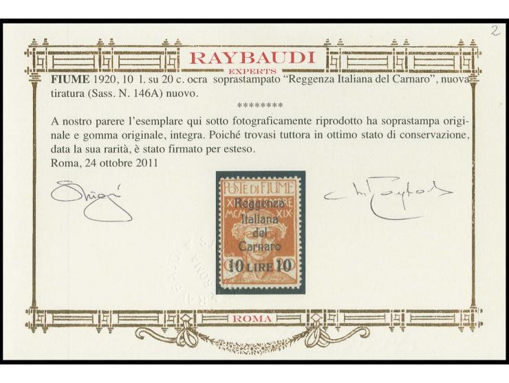 10 l. on 20 c. with different overprint type, mint never hinged, very fine and scarce, signed Raybaudi with certificate (Sass