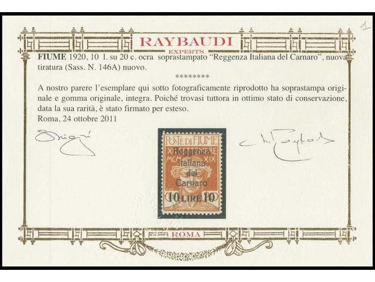 10 l. on 20 c. with different overprint type, mint never hinged, very fine and scarce, signed Raybaudi with certificate (Sass