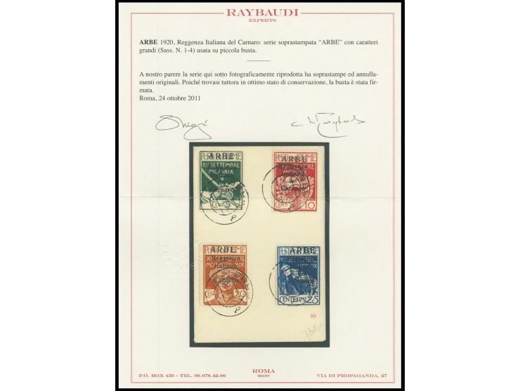 5-25 c. with large overprint, tied by cds. "ARBE 28.XII.20" to piece, fine, signed Raybaudi with certificate (Sassone Nr. 1-4