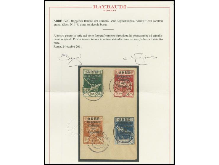 5-25 c. with large overprint, tied by cds. "ARBE 28.XII.20" to piece, fine, signed Raybaudi with certificate (Sassone Nr. 1-4