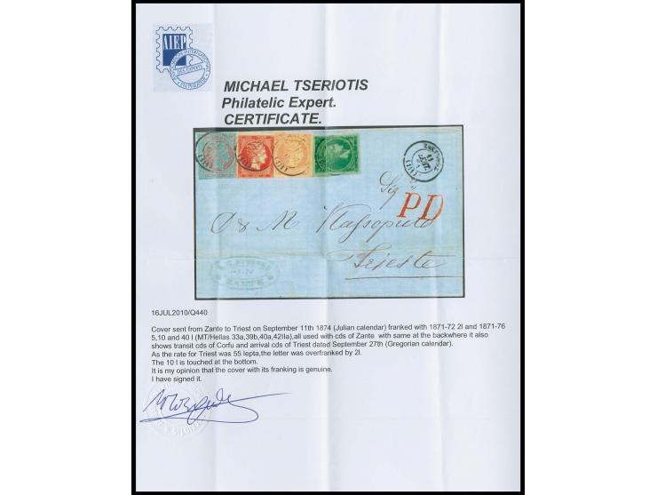 1871/72, 2 l. yellow-bistre with 1871/76, meshed paper 5 l. yellow-green, 10 l. orange and 40 l. greyish-magenta on blue, 10 