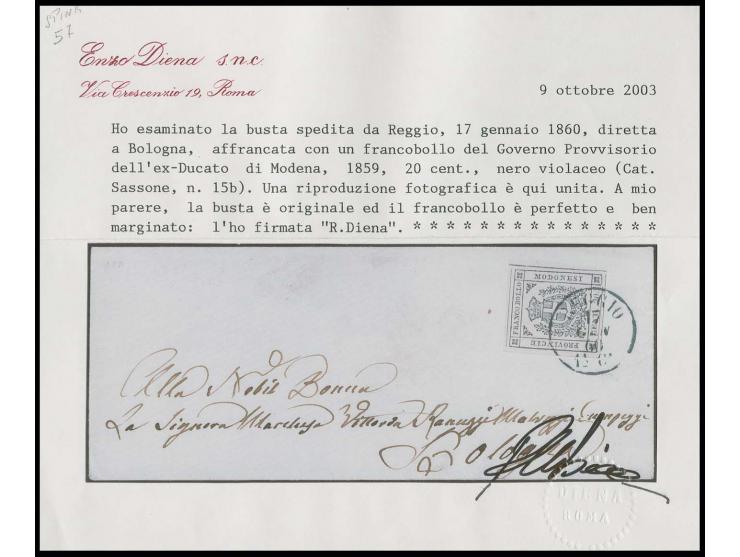 1859, 20 c. violet-black with large to enormous margins all around, neatly tied by clear "REGGIO 17 GEN 60" to small ladies e